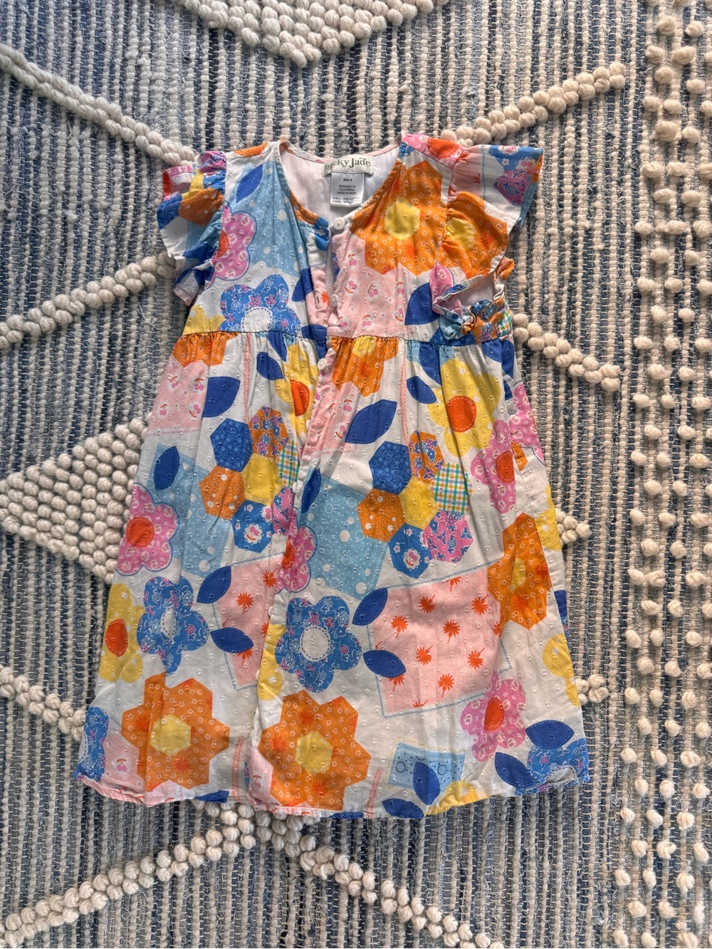 Lucky Jade Patchwork Floral Dress in Blue, Orange, Yellow, Pink, Cream